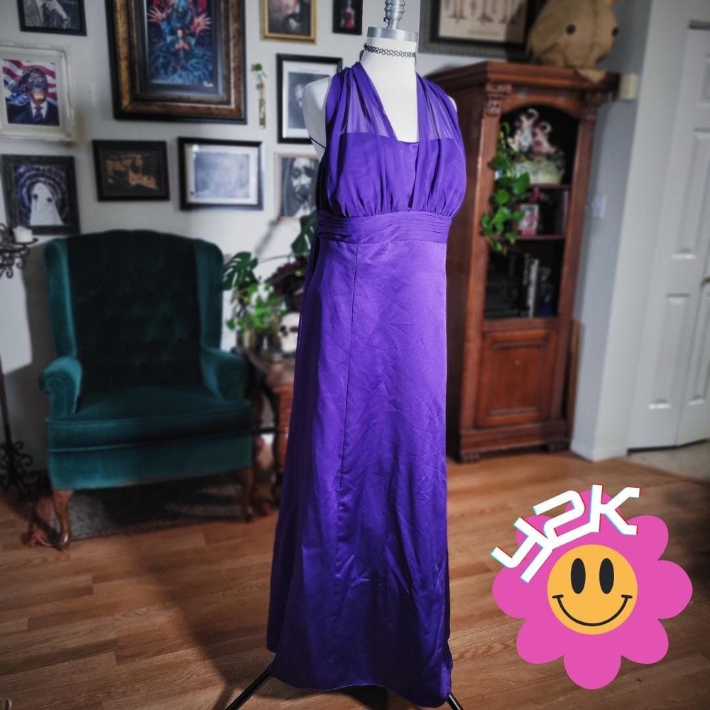 David's Bridal Halter Dress‎ Purple Vintage Y2K Satin Flowy Formal Evening Gown